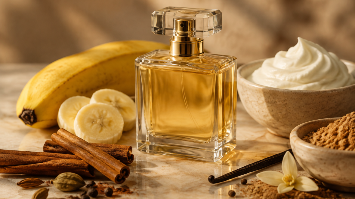 perfume bottle surrounded by food ingredients