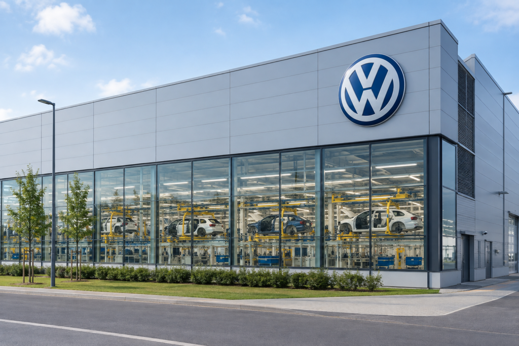 завод Volkswagen с логотипом и конвейером