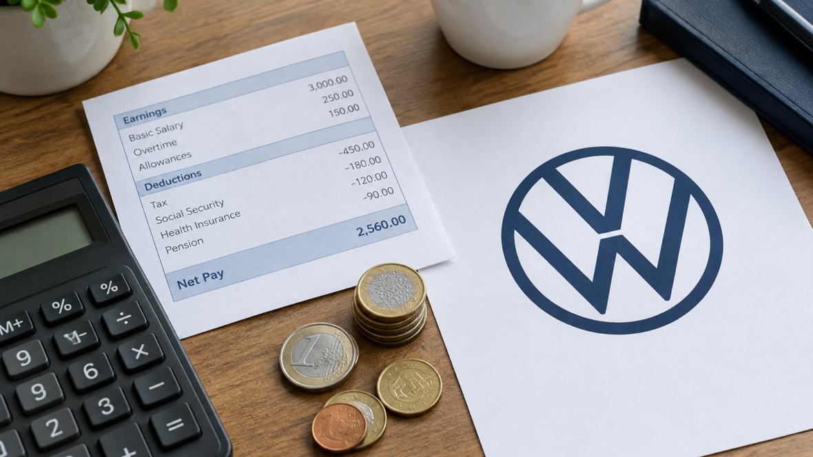 нариси зарплати, калькулятор і логотип Volkswagen
