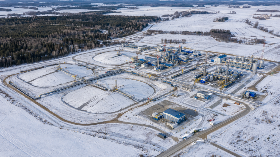 aerial view of large gas storage infrastructure