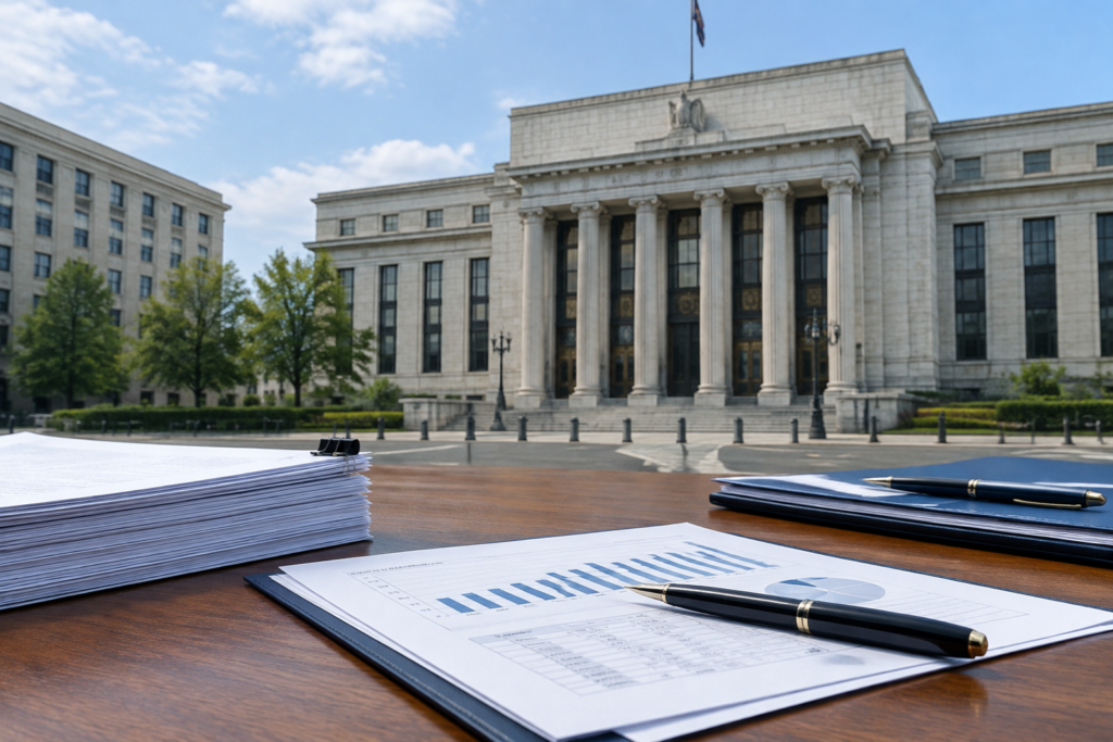 central bank building and finance documents on table
