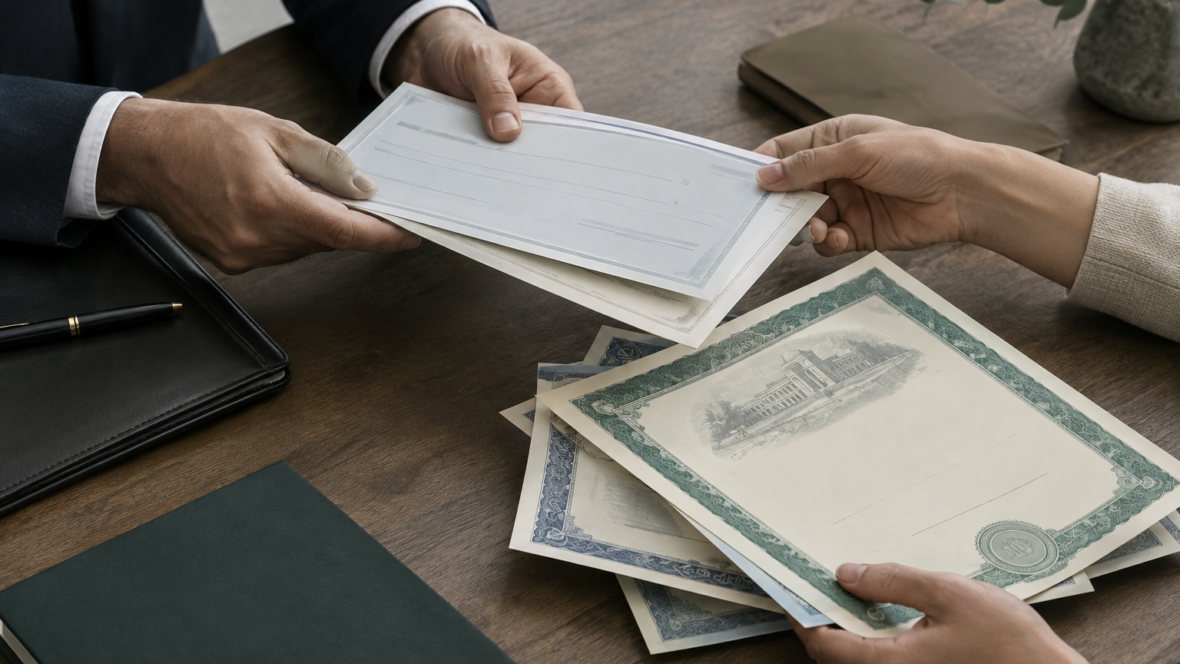Руки, що передають банківські документи й акції