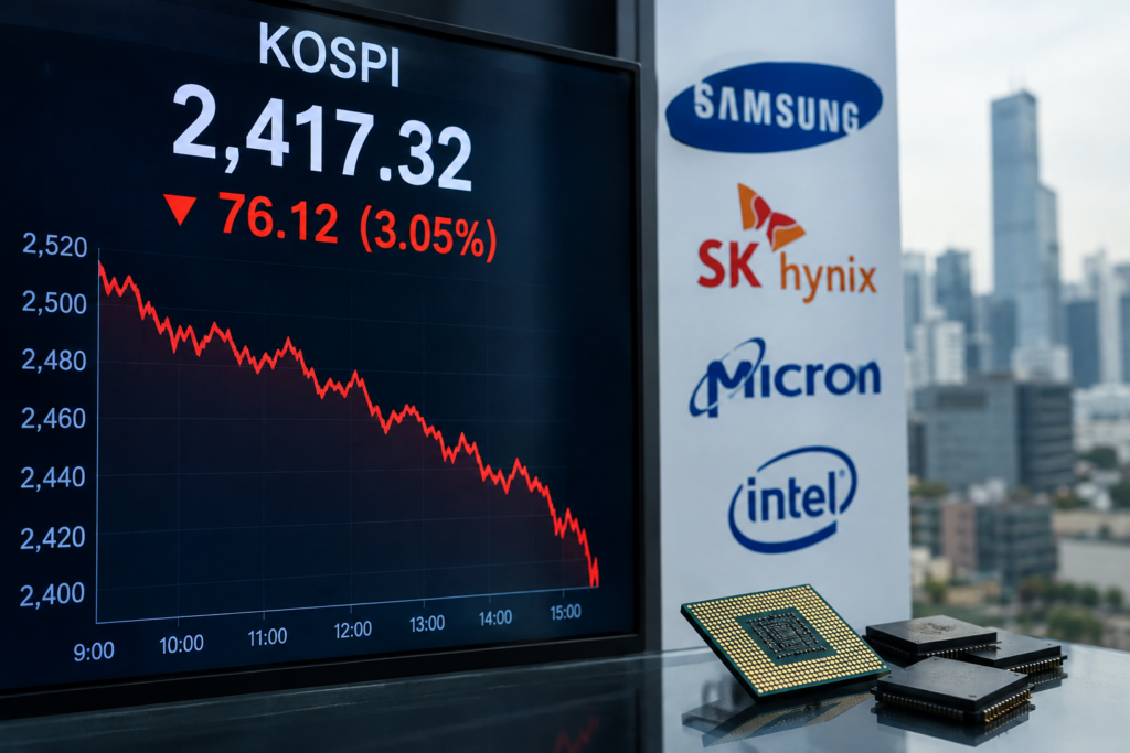 Графік падіння індексу Kospi і логотипи чипів