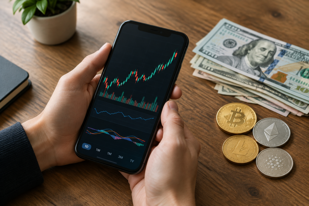 смартфон з криптокартами і банкнотами на столі