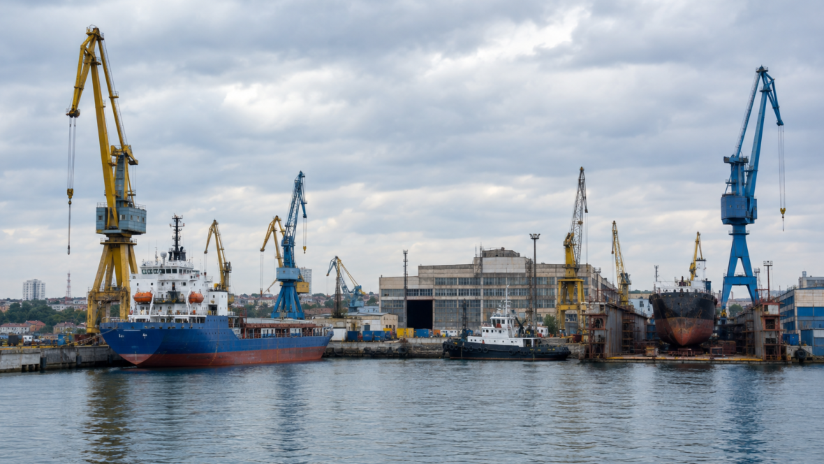 панорама верфі Mangalia з кранами і судами