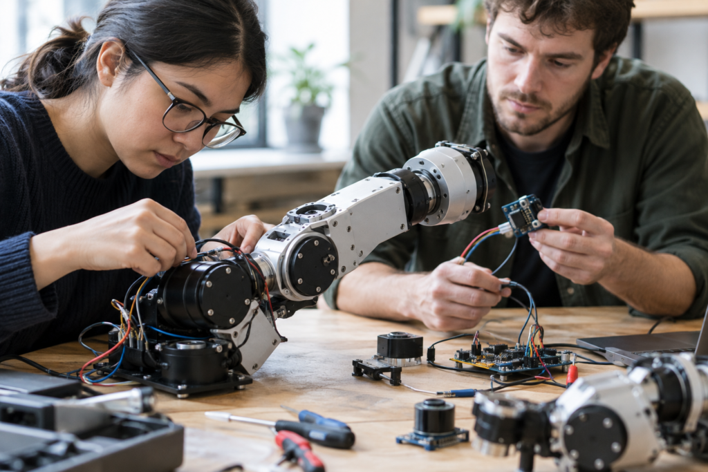 engineers assembling robotic actuators and sensors