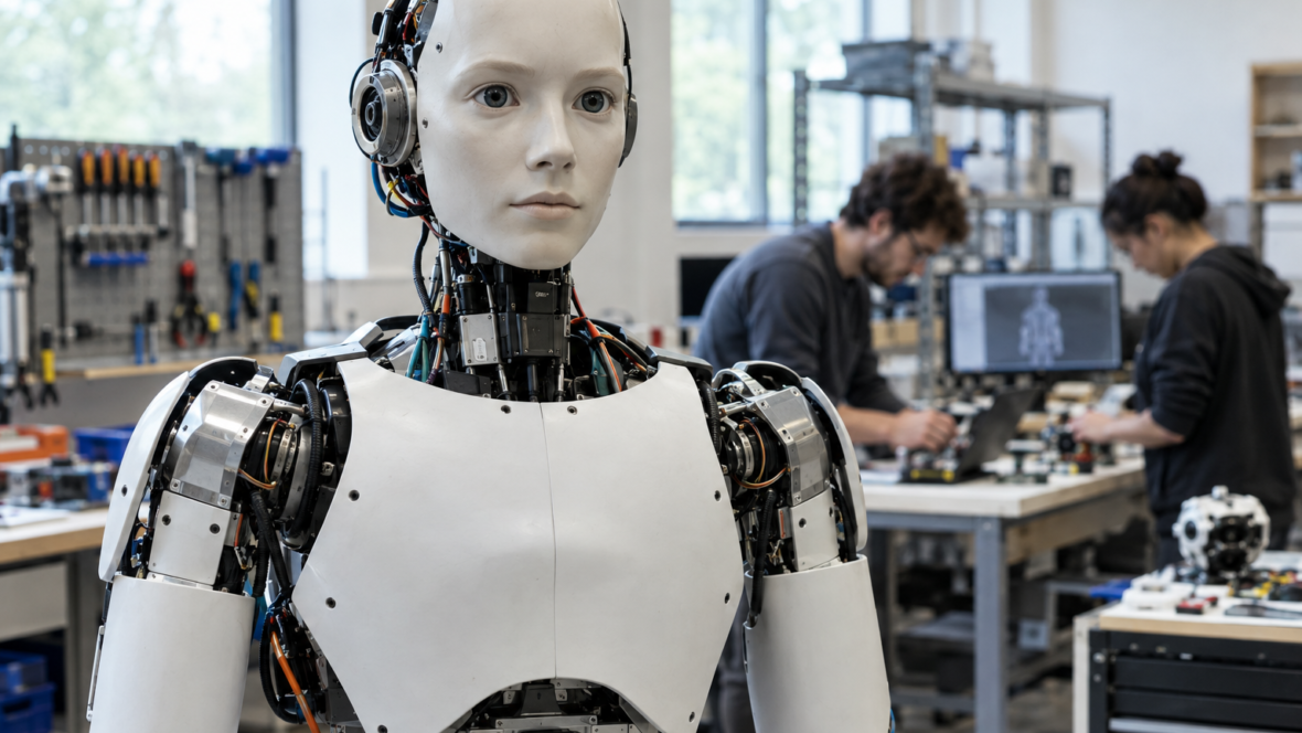 humanoid robot prototype in research workshop