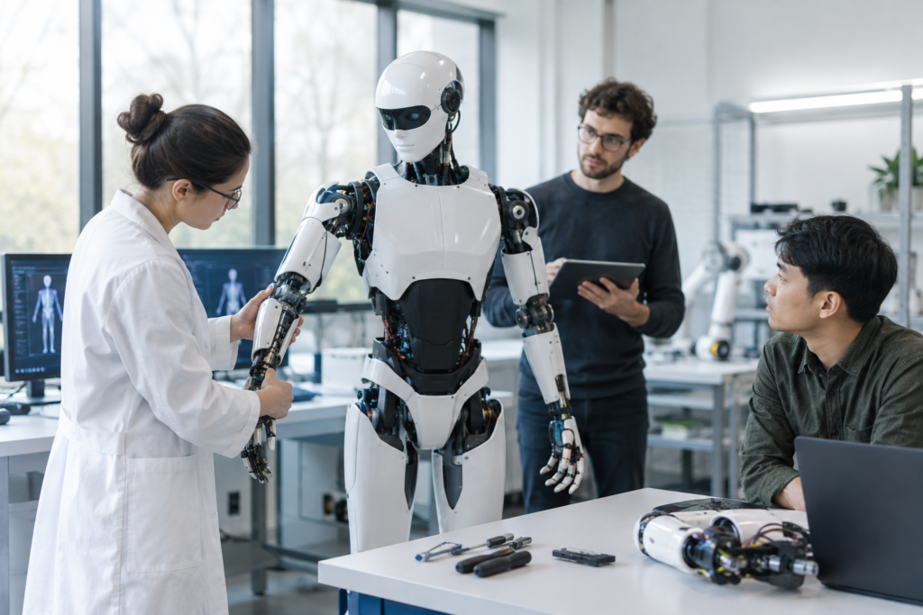 humanoid robot in laboratory with engineers