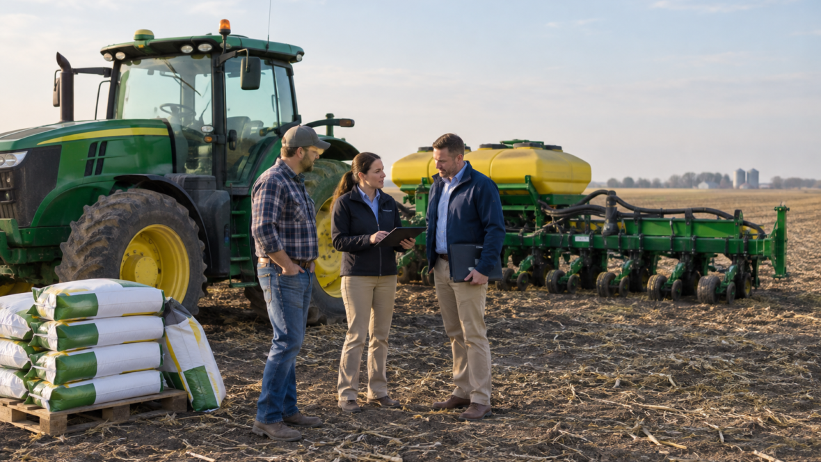 a tractor, sacks of seed and bank representatives