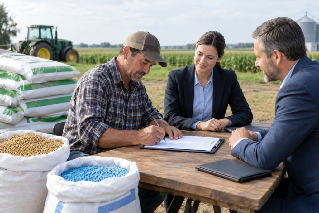 a farmer and bank representatives with documents