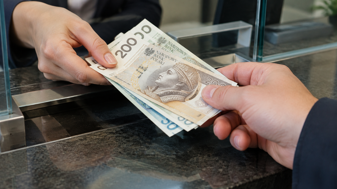 hands exchanging zloty at exchange counter