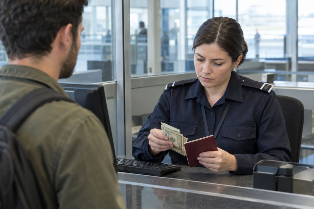border officer checking traveler's documents and cash