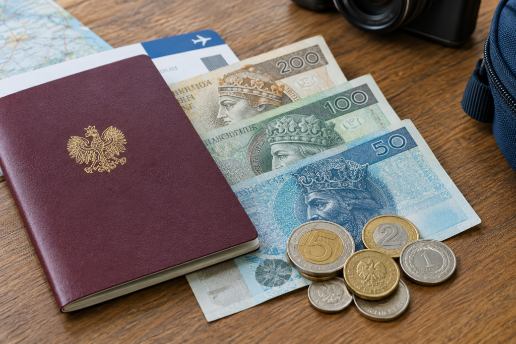 passport and zloty banknotes on table