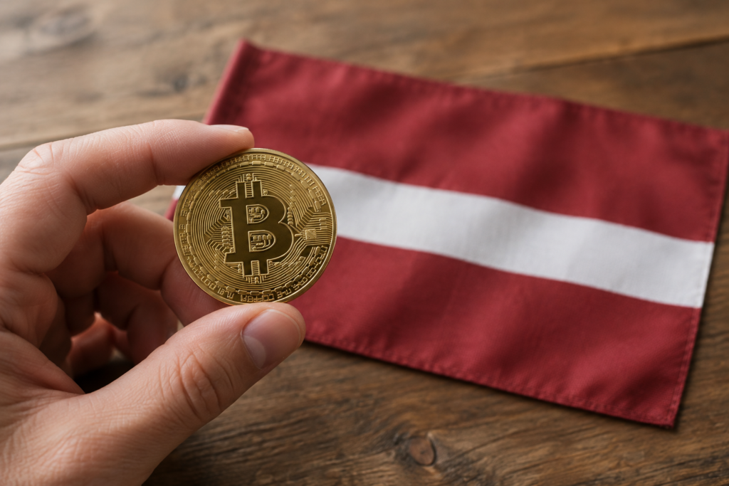 рука держит биткойн на фоне флага Латвии
