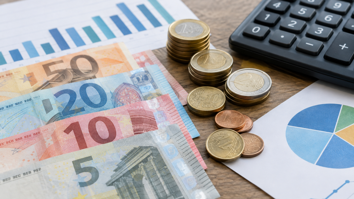 євро банкноти і монети поруч із калькулятором та графіком