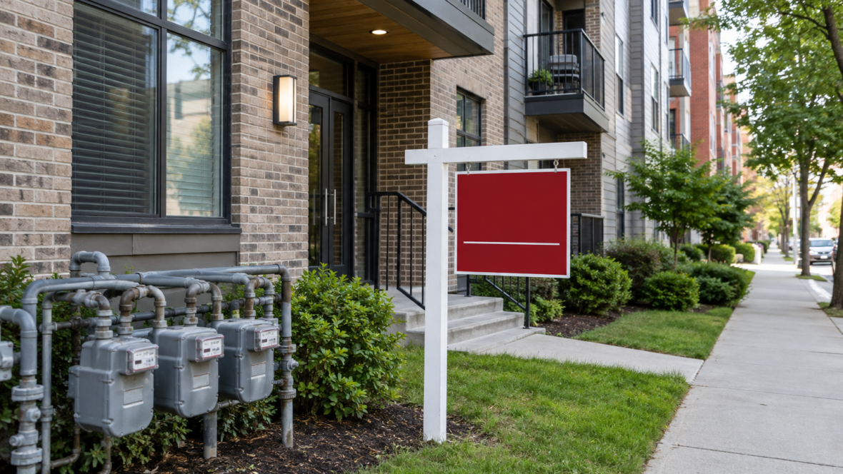a building with a for-sale sign and meters in the background