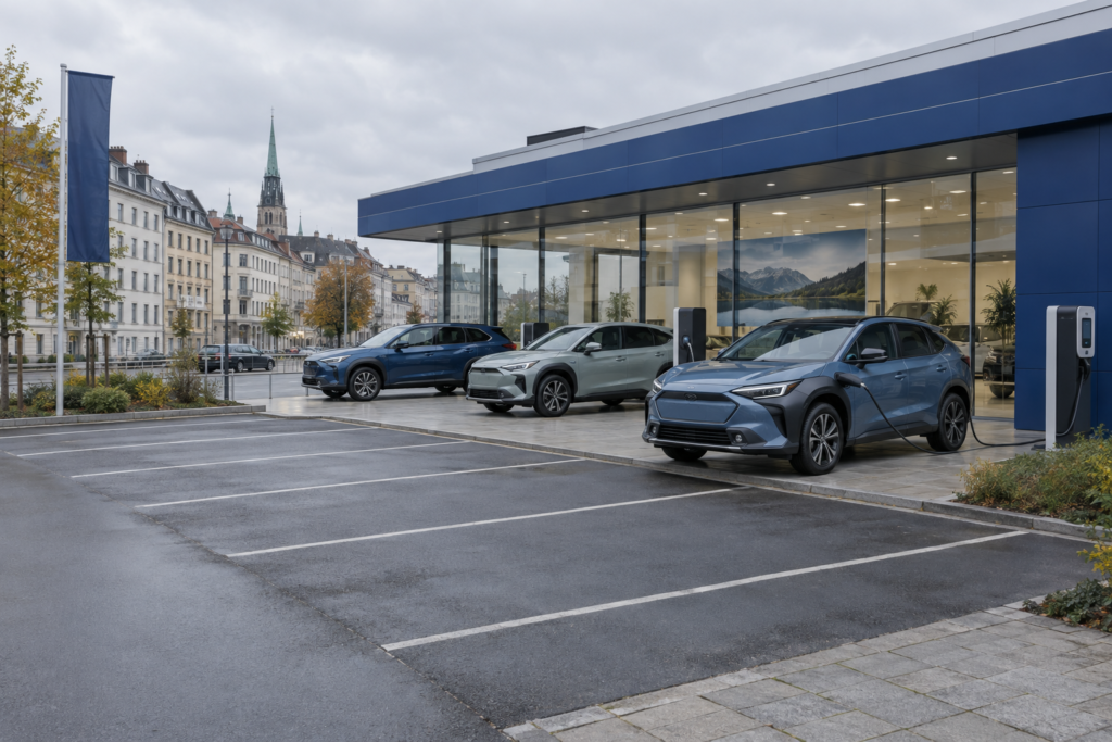 Дилерский центр Subaru с видимыми электрическими моделями