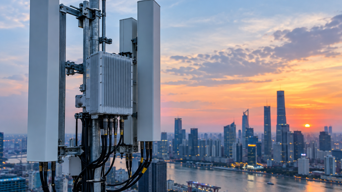 Близький план 5G обладнання на фоні міста