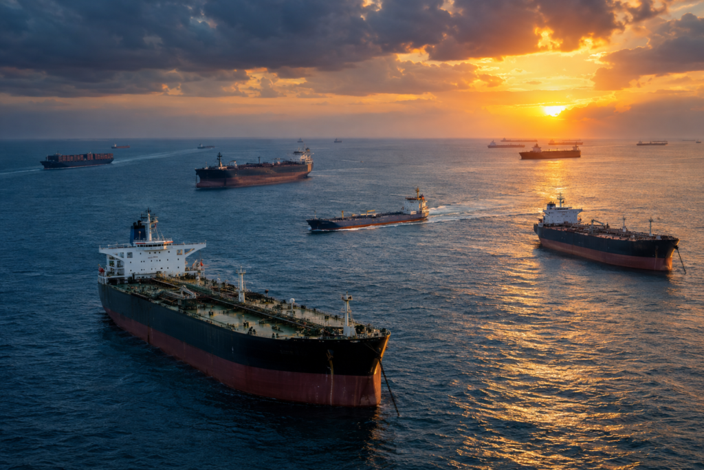 флот нефтяных танкеров в море