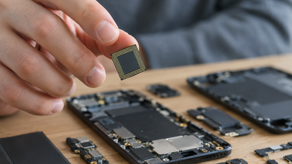 technician holding memory chip above disassembled phones