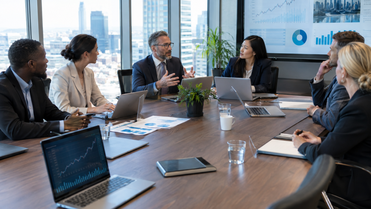 Investors in corporate meeting with financial graphs
