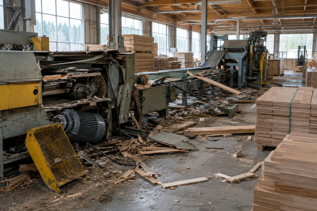 damaged wooden flooring factory interior with debris