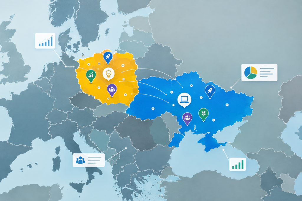 карта Центральної Європи з маркерами стартапів