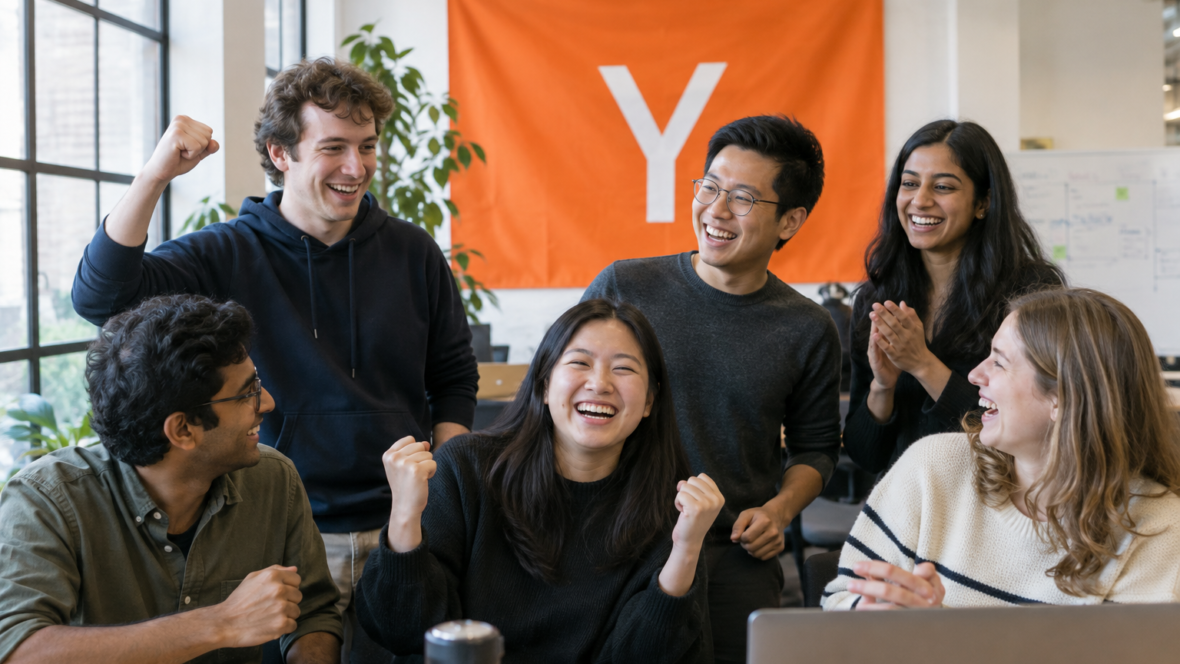 засновники стартапу святкують біля банера Y Combinator