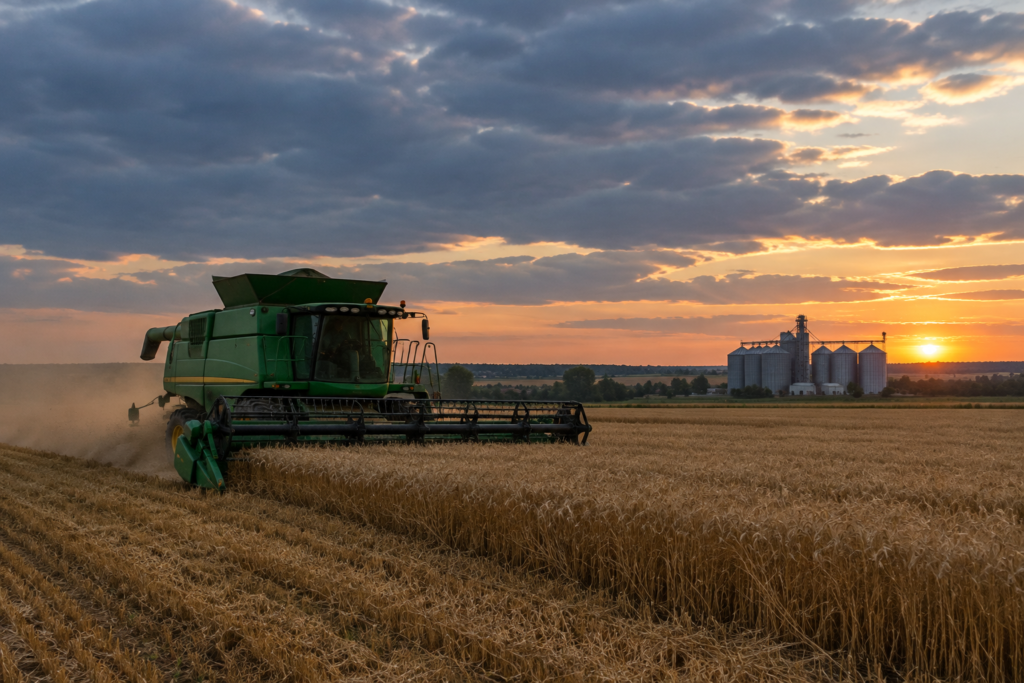 combine harvester in wheat field with silos