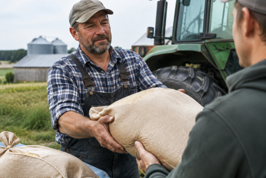 farmers exchanging grain sacks near tractor