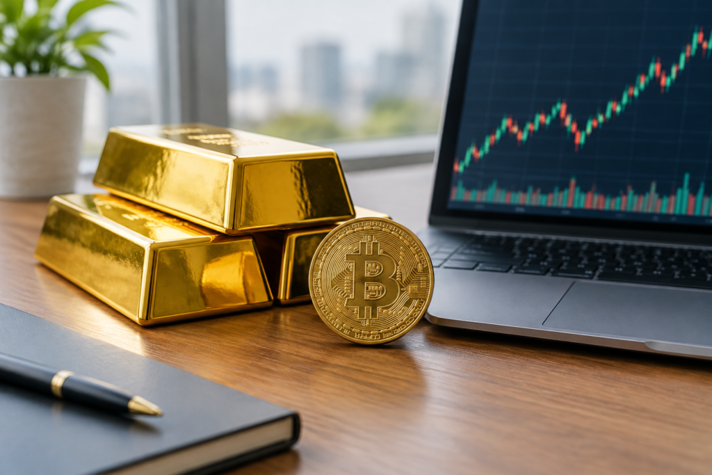 золото, биржевой индикатор и биткоин на столе
