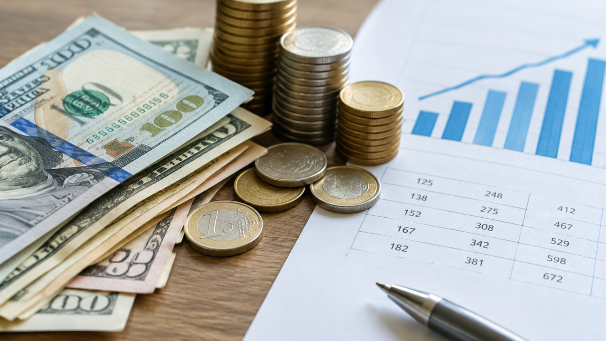 close-up of banknotes and financial spreadsheet