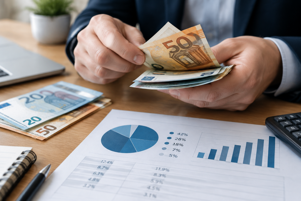 руки рахують євро поруч з фінансовим звітом
