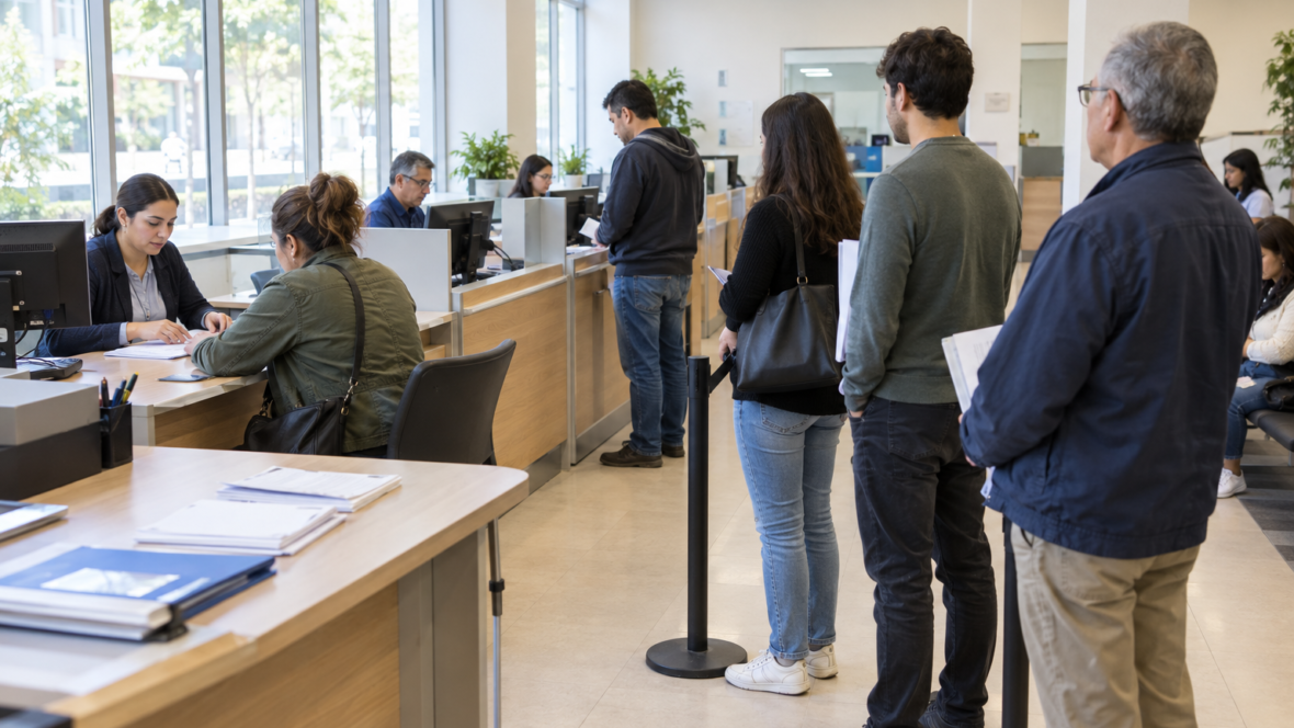 Service center interior with people and documents