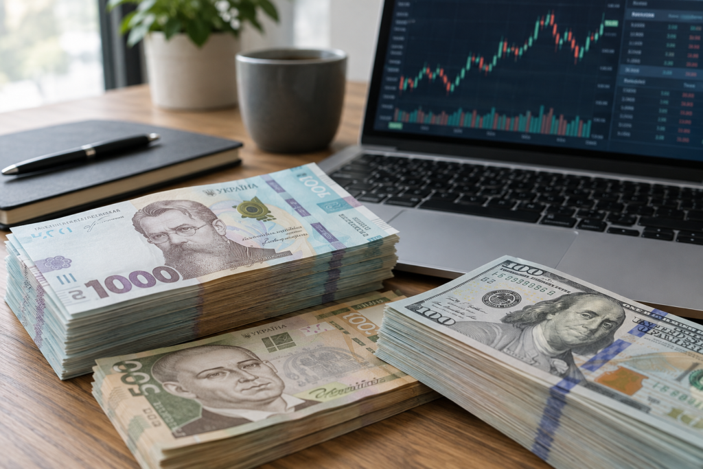 купюри гривні й доларів поруч з ноутбуком