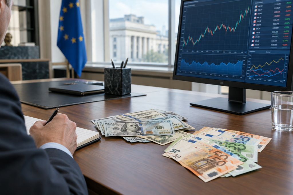 банківський стіл з валютними купюрами й графіком