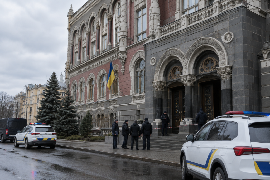 Фасад Нацбанка с автомобилями правоохранительных органов