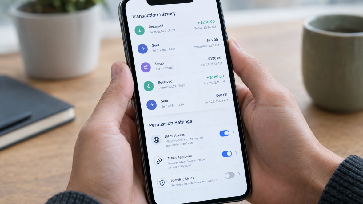 phone screen with wallet permissions and transaction list