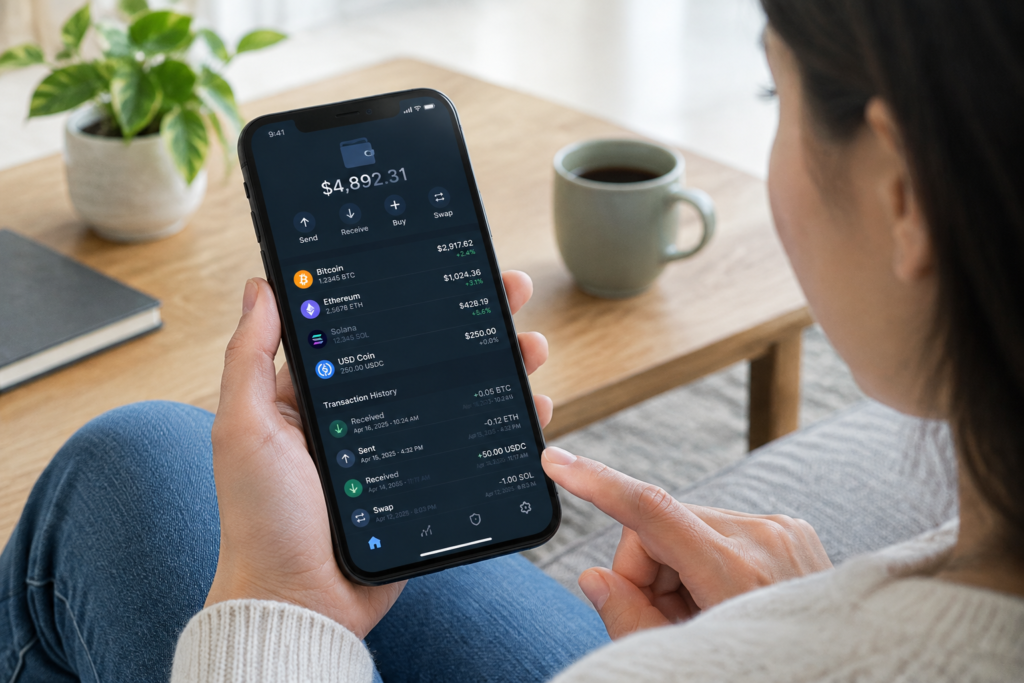 user checking crypto wallet on smartphone screen