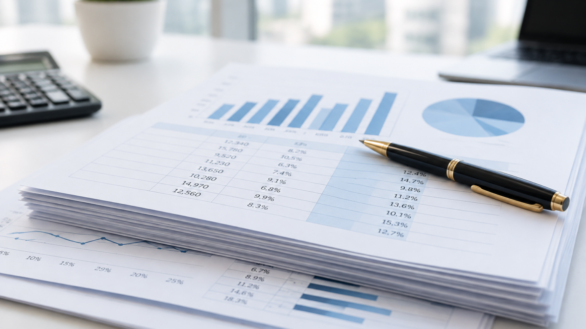 stack of financial reports with pen