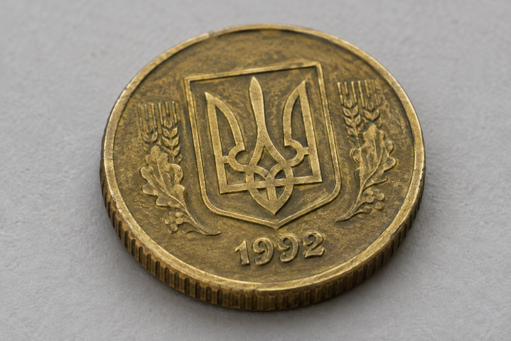 макрозйомка гурту і деталей тризуба на монеті