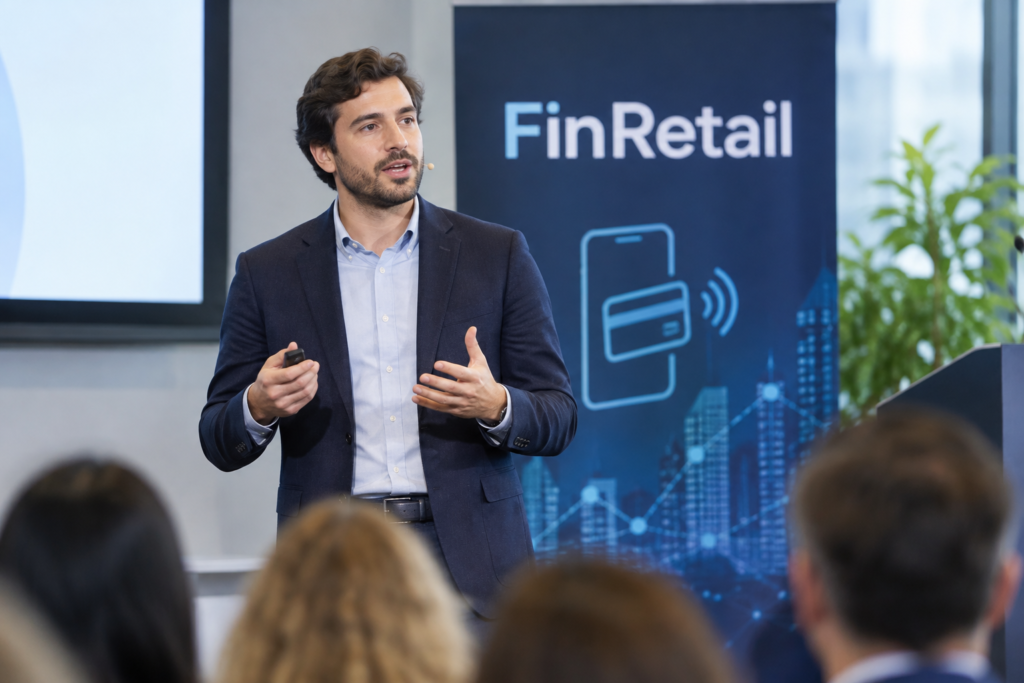 CEO on the conference stage with a FinRetail banner