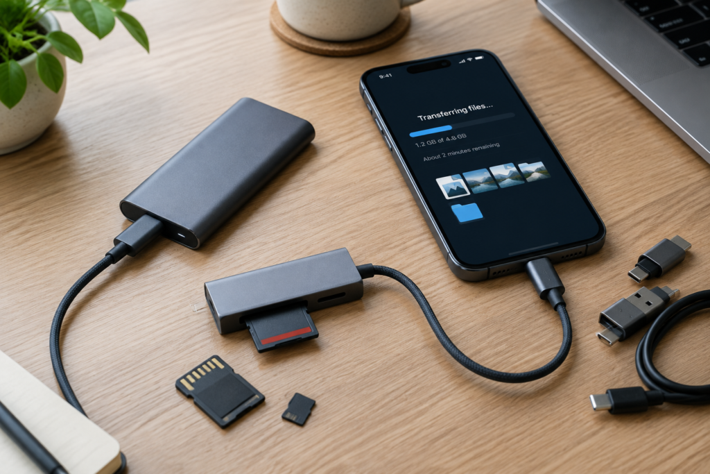 зовнішній SSD та картрідер поруч зі смартфоном