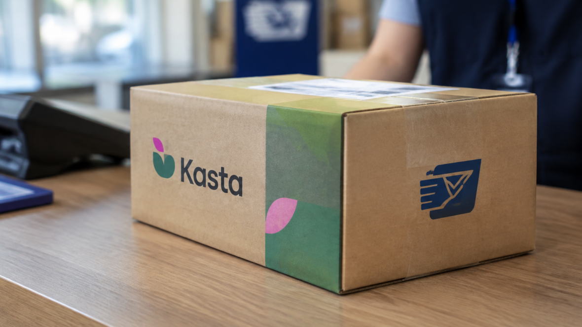 посилка з логотипами Kasta та пошти на стійці