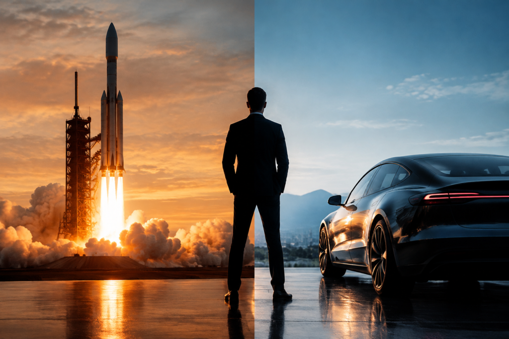 Rocket and electric car with executive silhouette