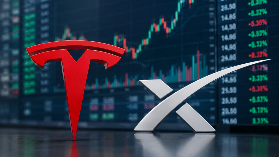 Tesla and SpaceX logos with financial charts