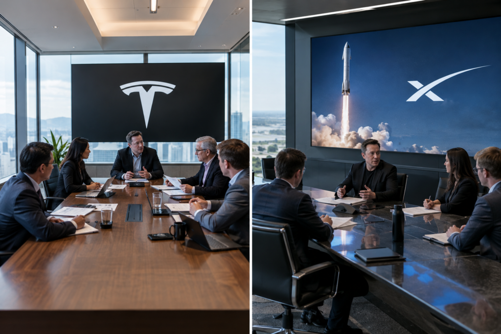 Tesla and SpaceX logos on screens