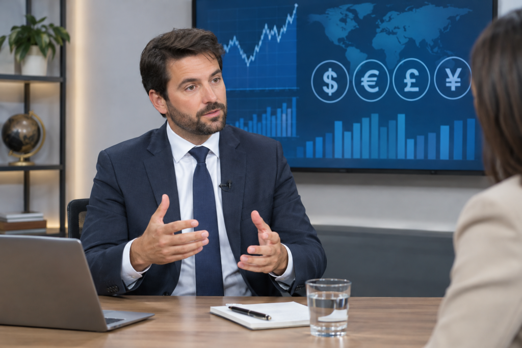 expert at a desk with charts and currency