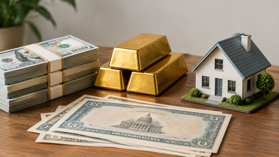 a table with money, gold, bonds and a model house
