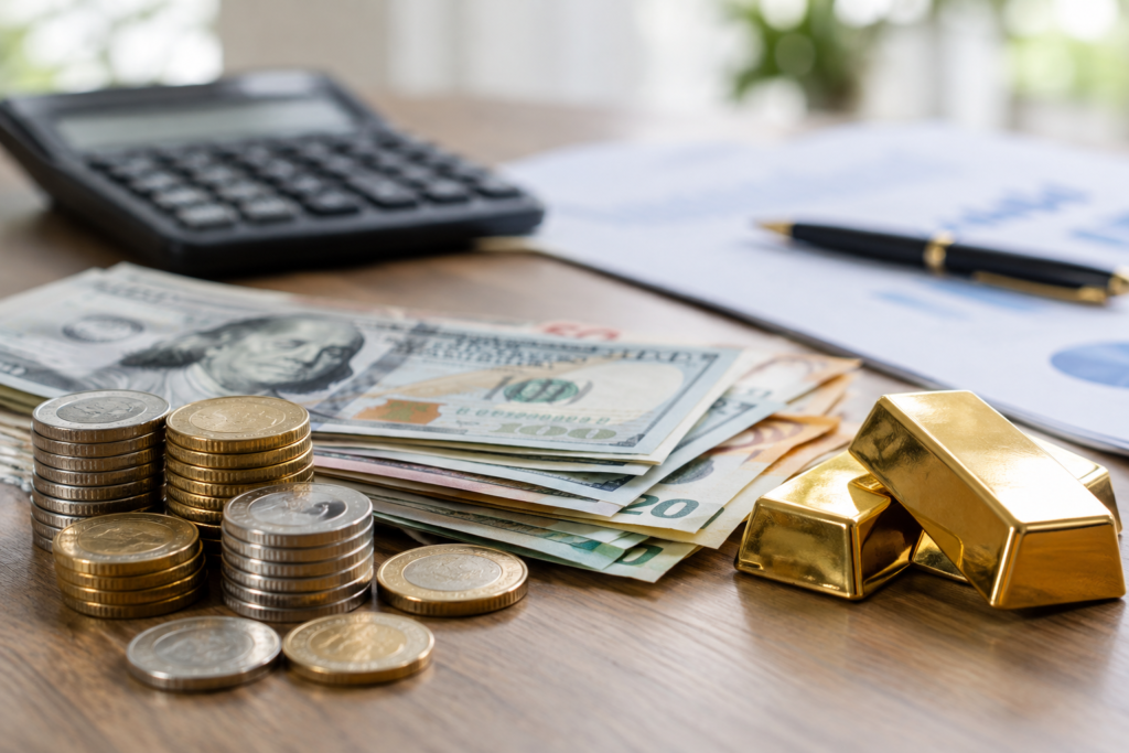 coins, banknotes and gold bars on a table